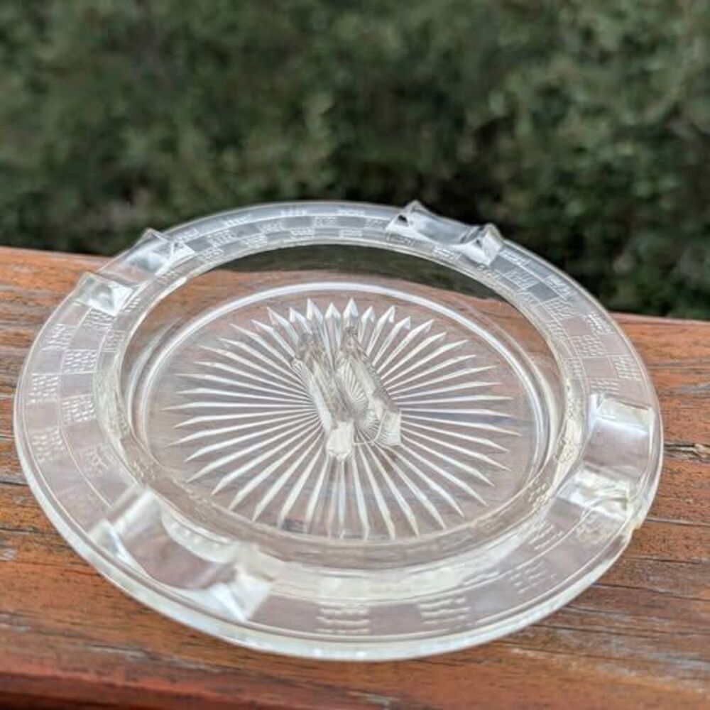 Vtg Art Deco Cigar Pressed Glass 5.75" Round Ashtray Checkered Flag Edge